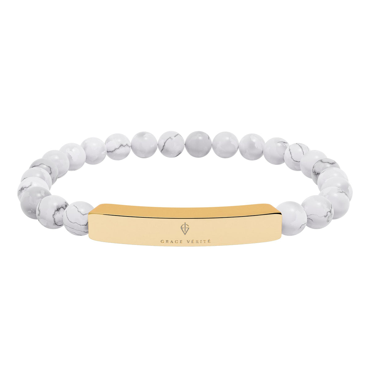 Engravable Natural Stone Bead Bracelet — Stretch ID Bar