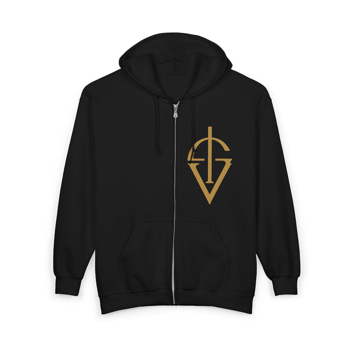 Gold Emblazoned Zip Hoodie — Geometric Crest "Verite" Design