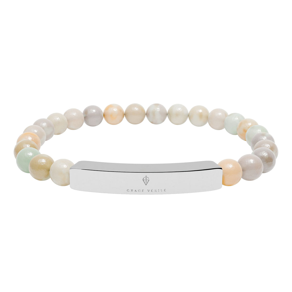 Engravable Natural Stone Bead Bracelet — Stretch ID Bar