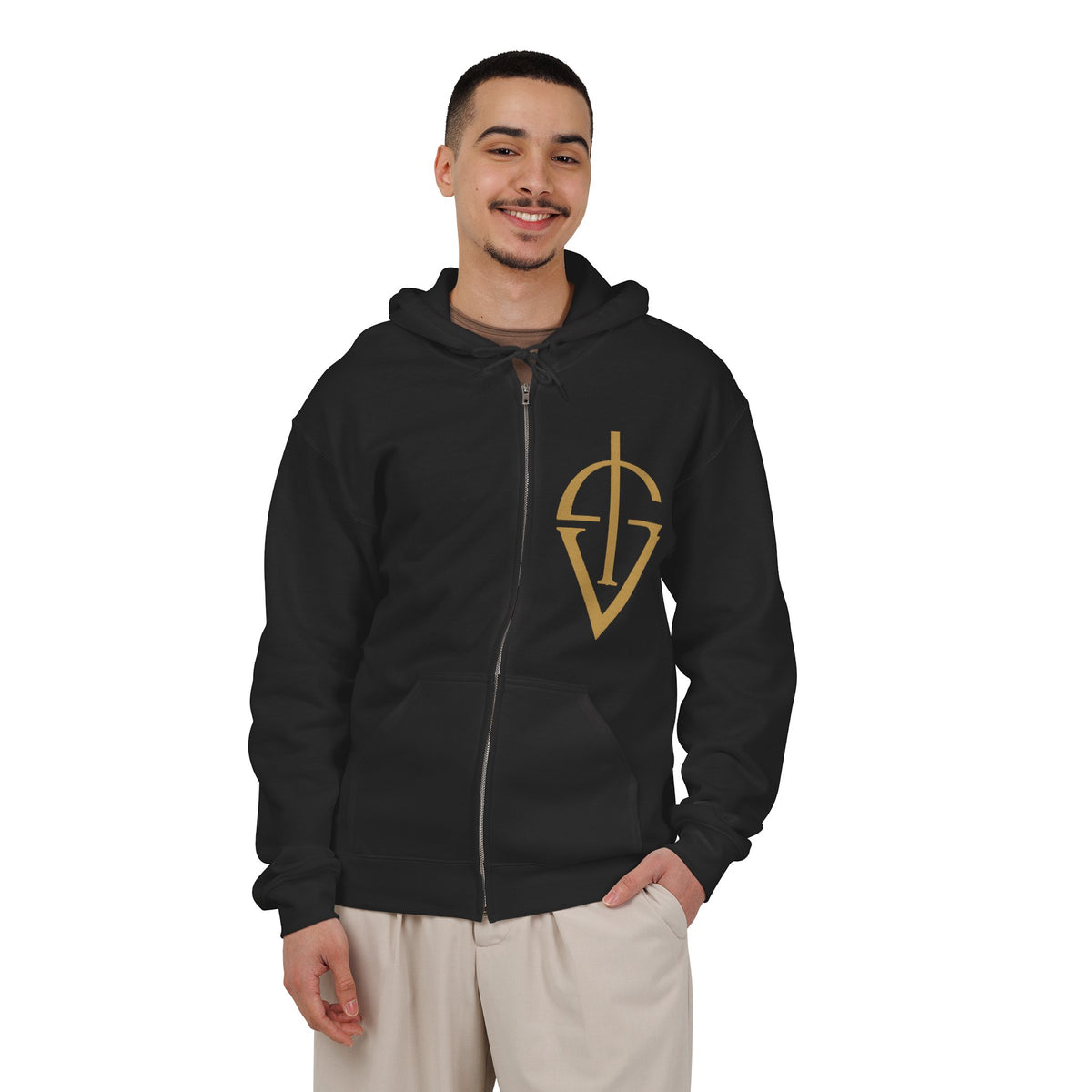 Gold Emblazoned Zip Hoodie — Geometric Crest "Verite" Design