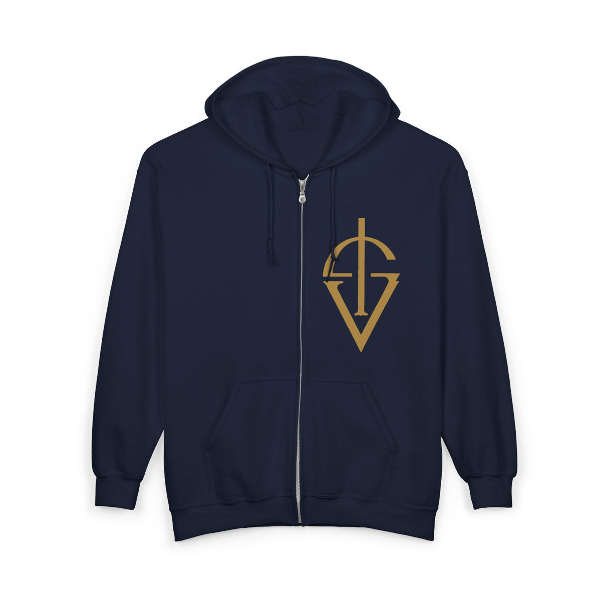 Gold Emblazoned Zip Hoodie — Geometric Crest "Verite" Design