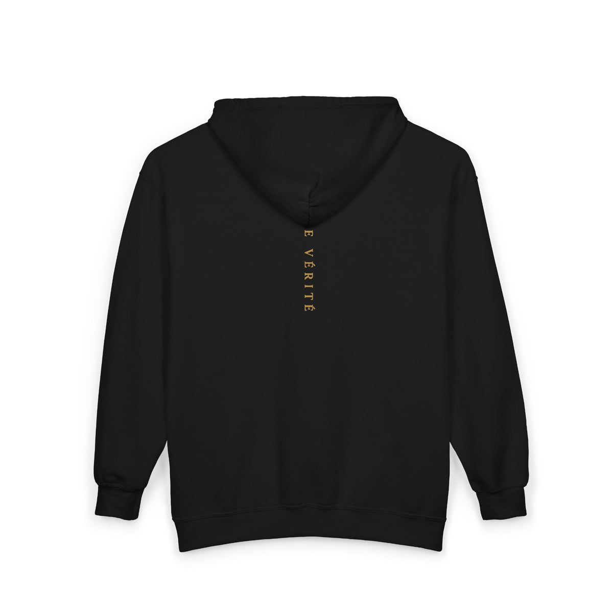 Gold Emblazoned Zip Hoodie — Geometric Crest "Verite" Design