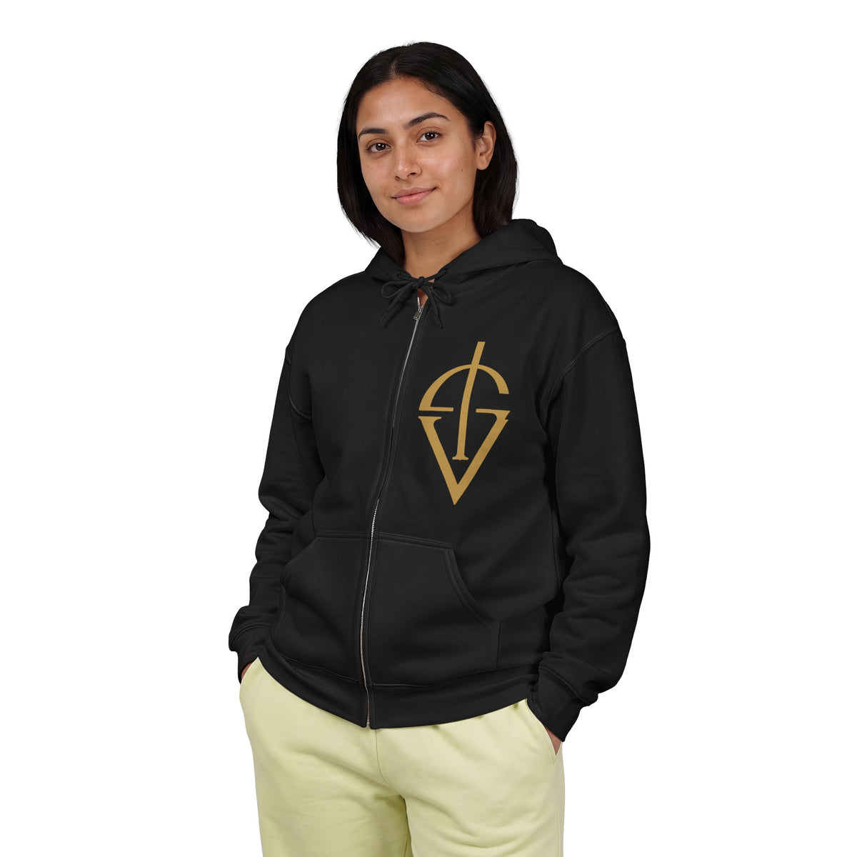 Gold Emblazoned Zip Hoodie — Geometric Crest "Verite" Design