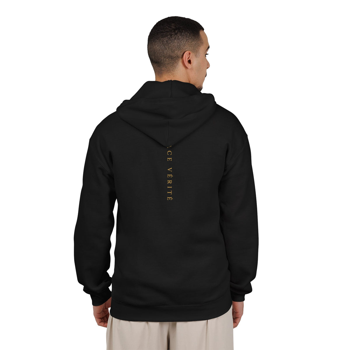 Gold Emblazoned Zip Hoodie — Geometric Crest "Verite" Design